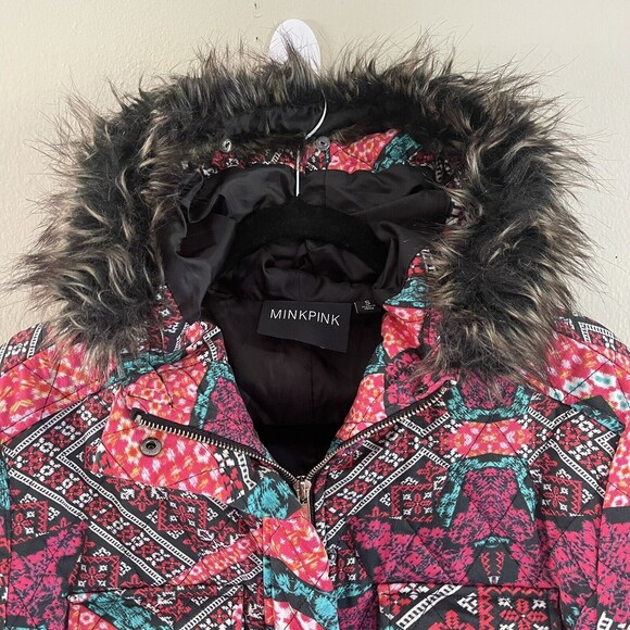 MINKPINK Colorful Quilted Jacket Size S Mid Length Coat Faux Fur Hooded Casual - Picture 8 of 15